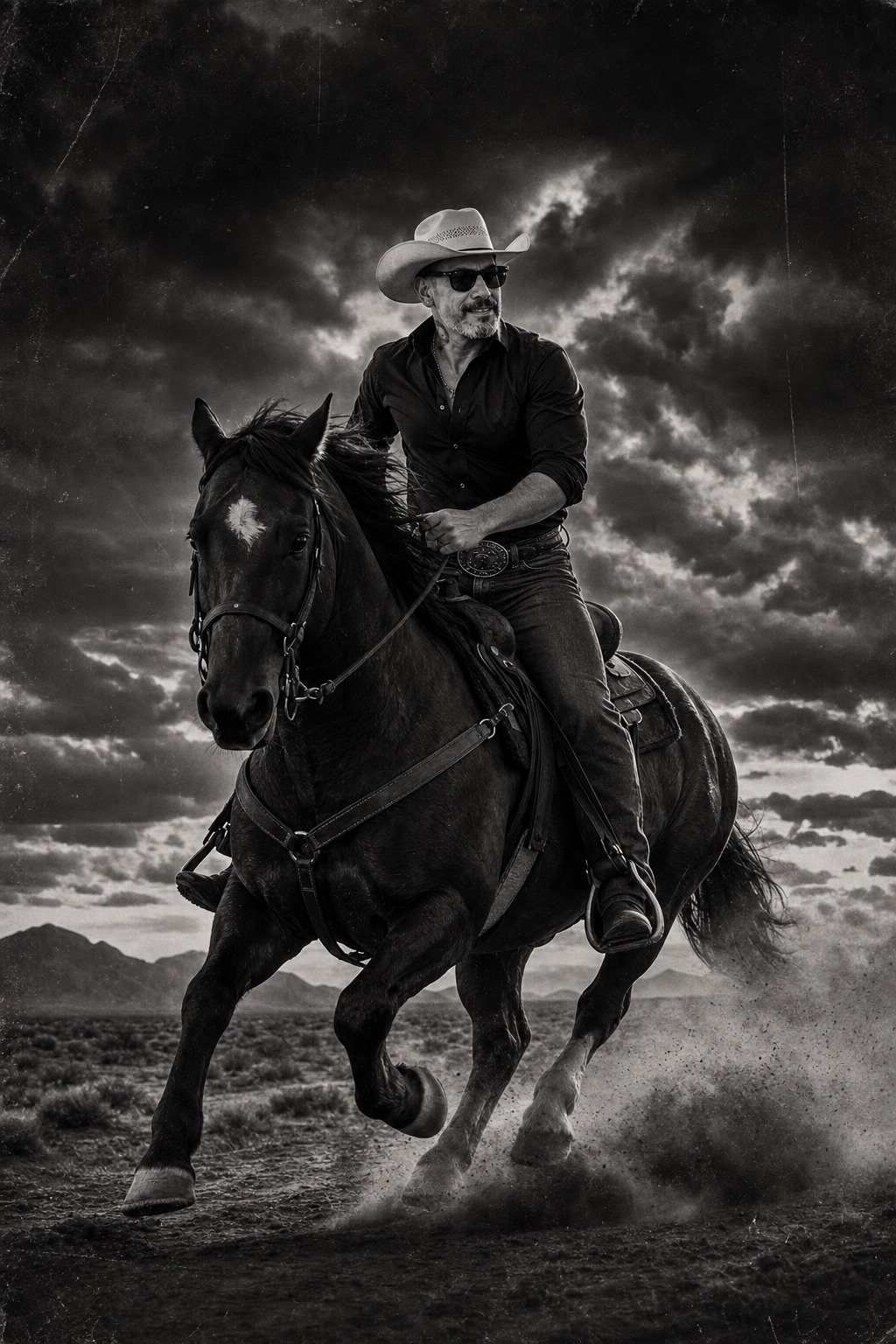 El protagonista cabalga bajo un cielo de tormenta