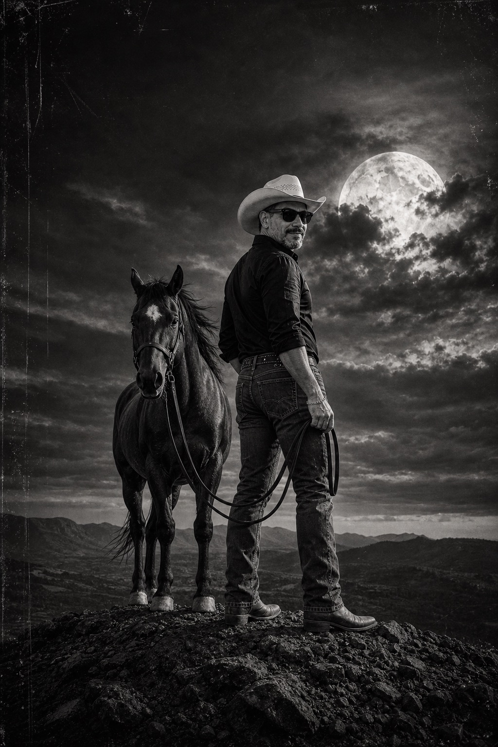 El protagonista y el caballo en la montaña bajo la luna